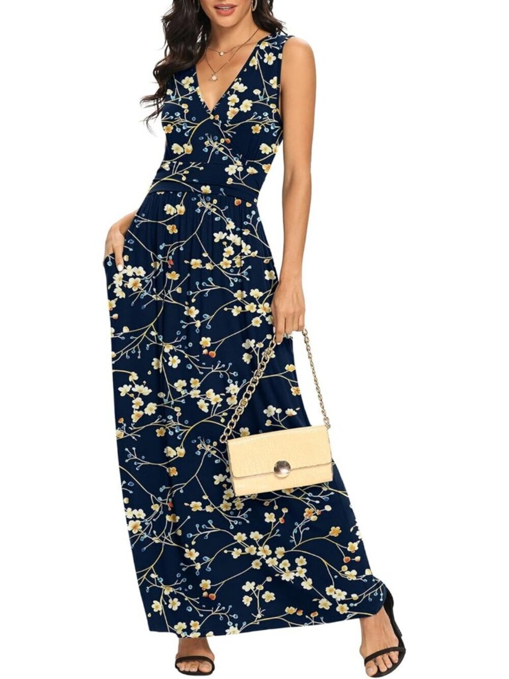 Lilbetter Women's Sui Me Blue Sleeveless Deep Loose Plain Maxi Casual Dress